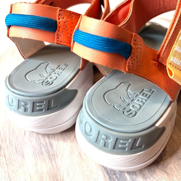 Sorel Explorer Blitz White Apricot Blue Leather Platform Sandals Women's Sz 11 - Picture 9 of 11